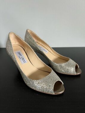 Jimmy Choo Isabel Champagne Glitter Open-Toe 2.5” Pumps Size 5 / 35